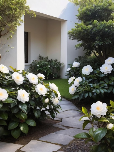 Un angolo di giardino sereno con camelie bianche che formano una cornice naturale