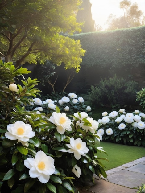 Un angolo di giardino sereno con camelie bianche che formano una cornice naturale