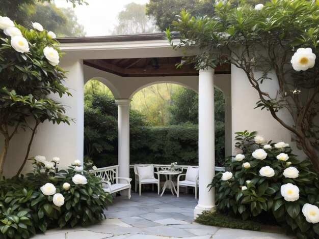 Un angolo di giardino sereno con camelie bianche che formano una cornice naturale