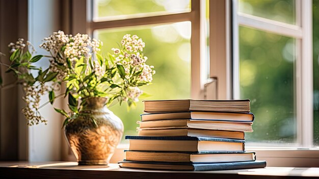 Un angolo di lettura illuminato dal sole Un libro posto su un tranquillo davanzale della finestra che ti invita in un angolo accogliente pieno di luce solare