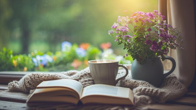 Un angolo di lettura tranquillo con un libro e un caffè per la Festa della Madre