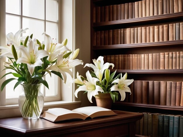 Un angolo tranquillo della biblioteca con gigli bianchi che decorano le librerie