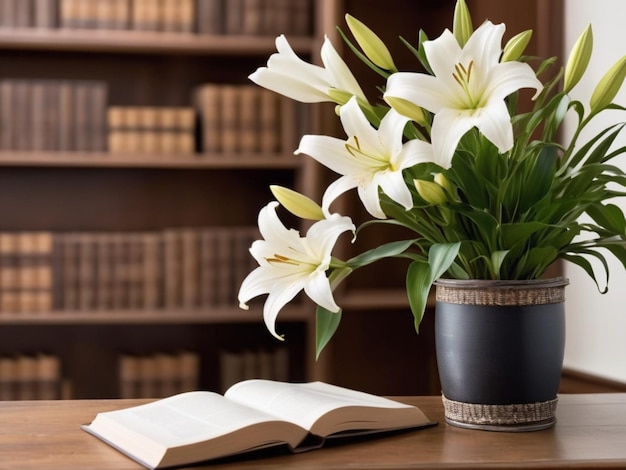 Un angolo tranquillo della biblioteca con gigli bianchi che decorano le librerie