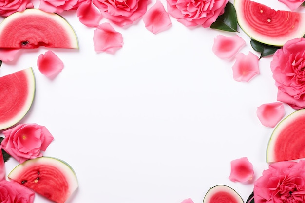 un'anguria e delle rose sono disposte in cerchio.
