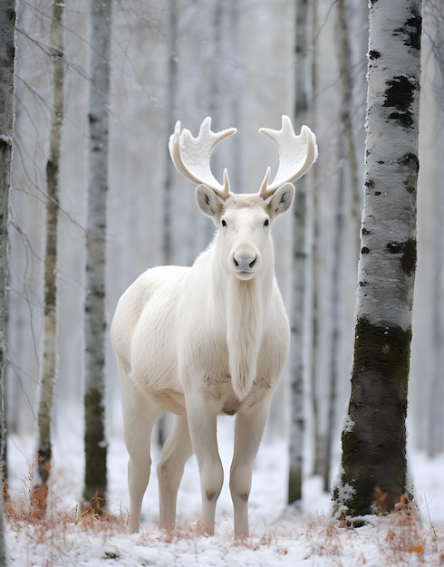 un animale bianco con le corna in piedi in una foresta innevata