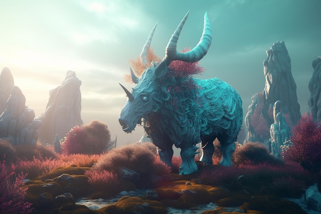 Un animale con le corna blu si trova in un campo con le montagne sullo sfondo.