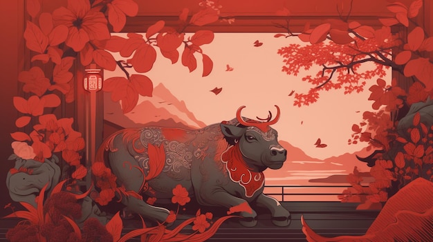 Un animale dello zodiaco cinese giace su un recinto con un fiore rosso e la parola mucca su di esso.