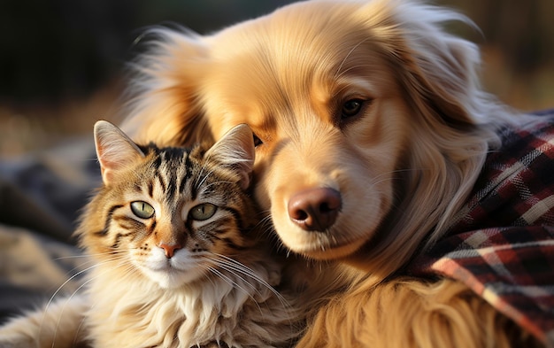 Un animale domestico carino seduto insieme e un ritratto ravvicinato di un bel gatto e un cane