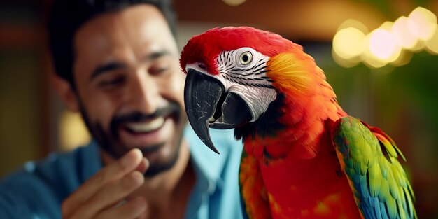 Un animale domestico maschio esotico che sorride a un pappagallo
