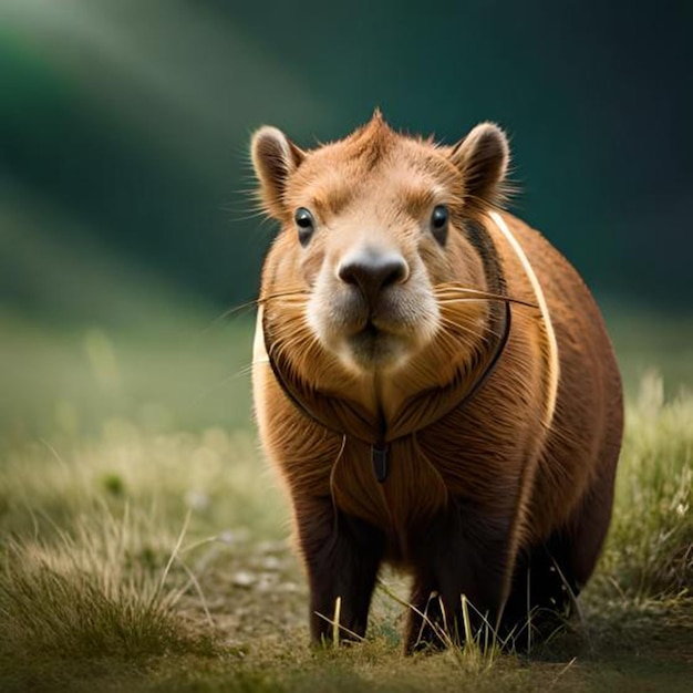 Un animale marrone con un campanello al collo cammina nell'erba.