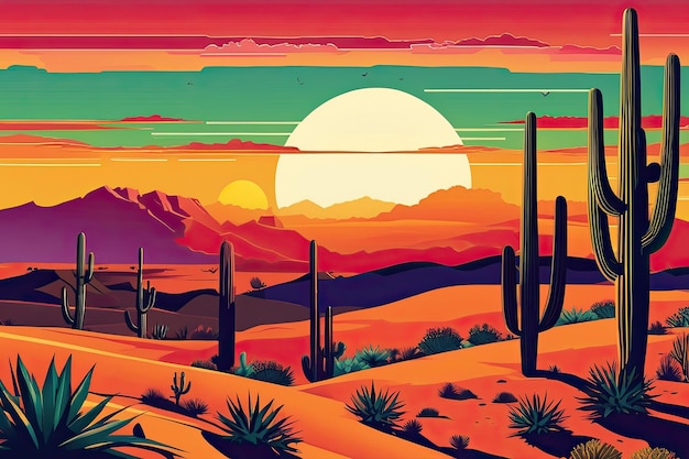 Un animato tramonto nel deserto con cactus e colline