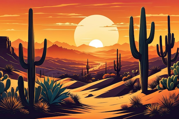 Un animato tramonto nel deserto con cactus e colline