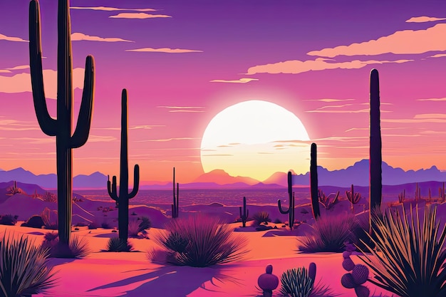 Un animato tramonto nel deserto con cactus e colline