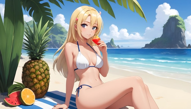 un anime di una ragazza sulla spiaggia con un ananas e un cocktail vacanze vacanze