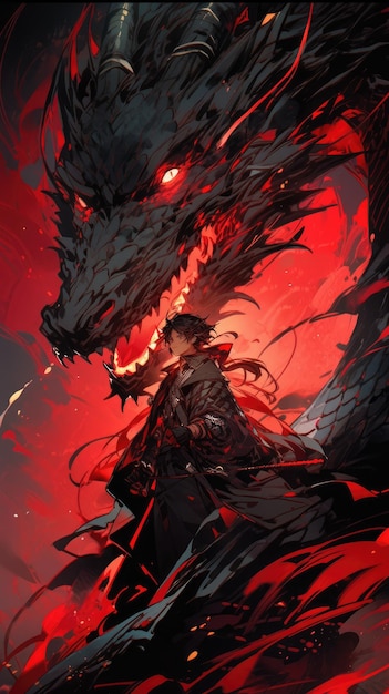 un anime e un drago in rosso