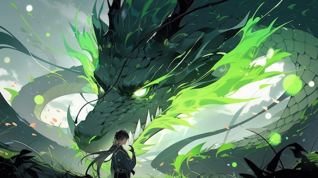 un anime e un drago in verde