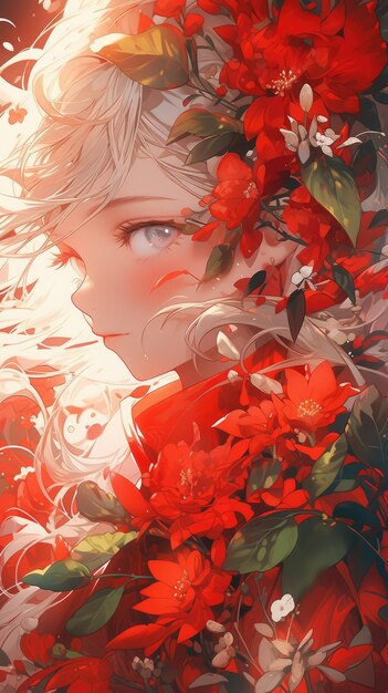 un anime e un fiore in rosso