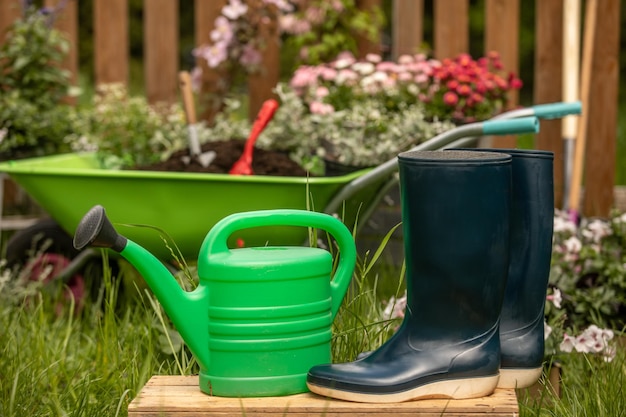 Un annaffiatoio guanti da giardino pala carriola giardino su un prato verde Idea primaverile di giardinaggio