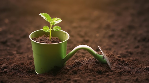 Un annaffiatoio verde con dentro una piccola pianta