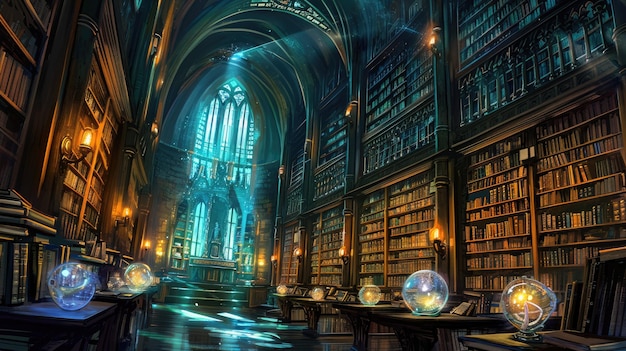 Un'antica biblioteca piena di libri magici sfere luminose risplendenti