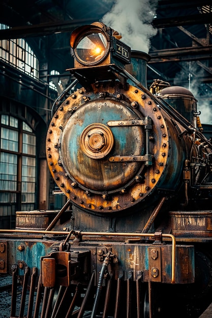 Un'antica macchina a vapore in attesa di partenza in un deposito storico
