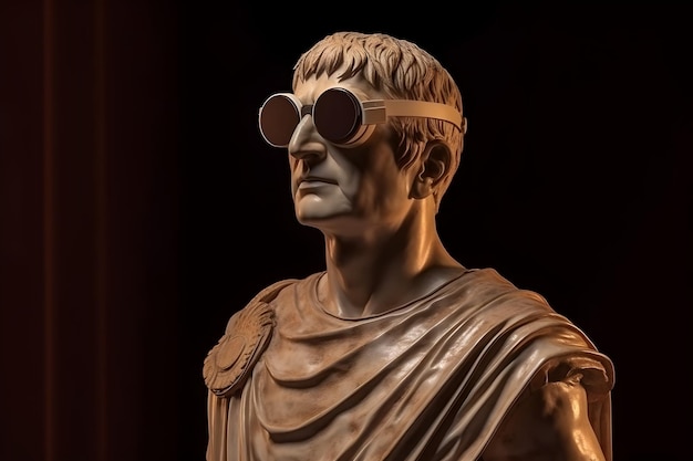 un'antica statua romana con futuristici occhiali VR