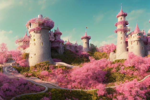 Un antico castello su una collina verde circondata da alberi con una corona rosa e una strada rocciosa che conduce all'illustrazione 3d del castello