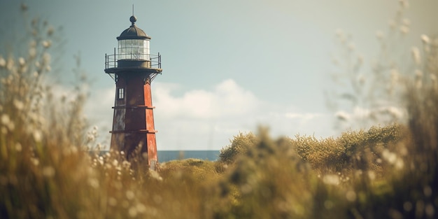 un antico faro che si erge con grazia su una costa serena generata dall'IA