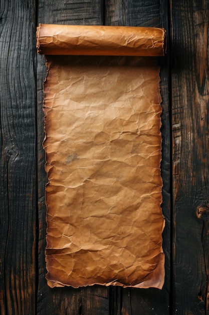 Un antico rotolo di pergamena srotolato su un tavolo di legno scuro