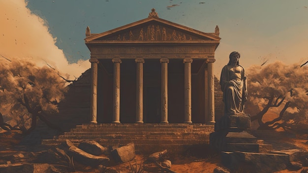 Un antico tempio greco con una statua di un dio della morte