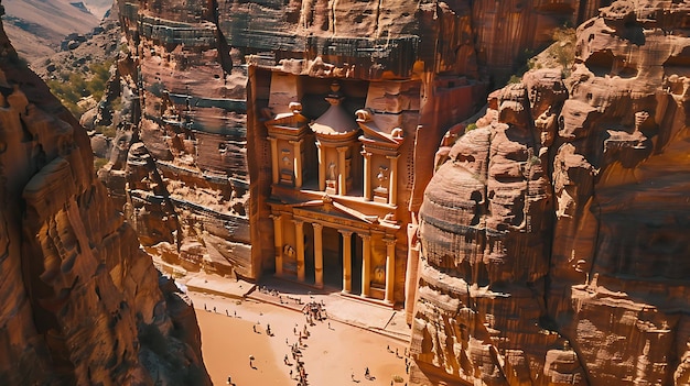 Un antico tempio scolpito in una parete rocciosa Il tempio è circondato da montagne e deserto