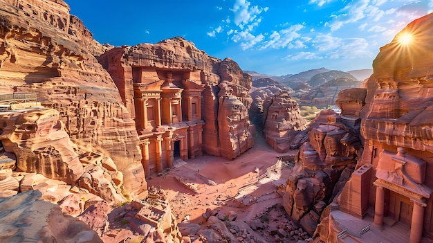 Un antico tempio scolpito nel fianco di una montagna Il tempio è circondato da grandi rocce e montagne