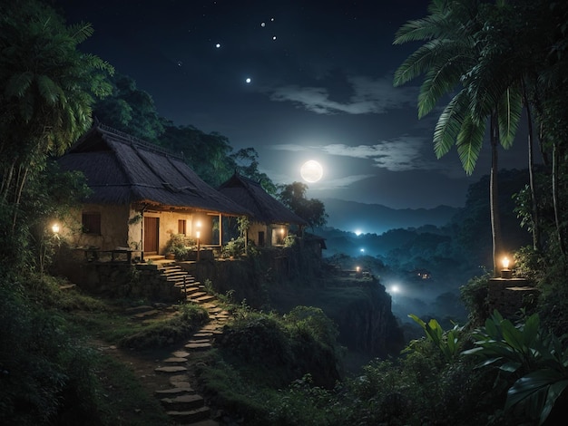 Un antico villaggio in una fitta giungla di notte illuminato da un'ambientazione misteriosa a lume di candela