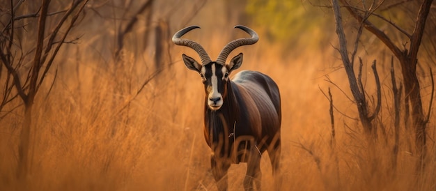 Un antilope maschio che cammina da solo in mezzo alla savana