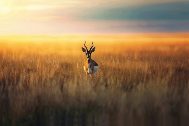 Un'antilope solitaria sta in guardia nel crepuscolo delle praterie