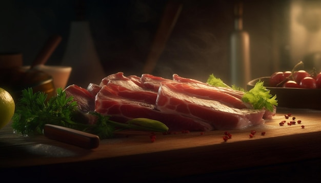 Un antipasto di prosciutto gourmet sulla tavola di legno rustica generata da AI