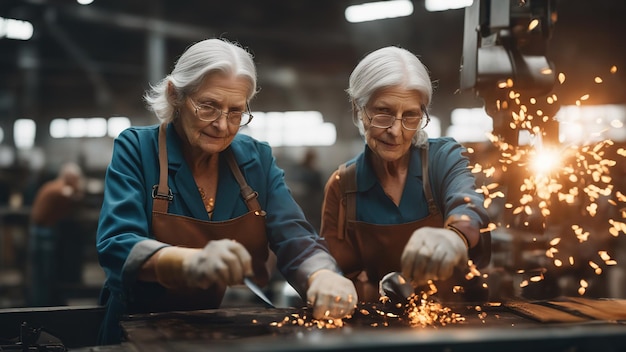 Un'anziana lavora in una fabbrica Un vecchio innesca il varealismo Fotografia ad alto dettaglio La disuguaglianza sociale pone problemi pensionistici, povertà lavorativa e vita dura