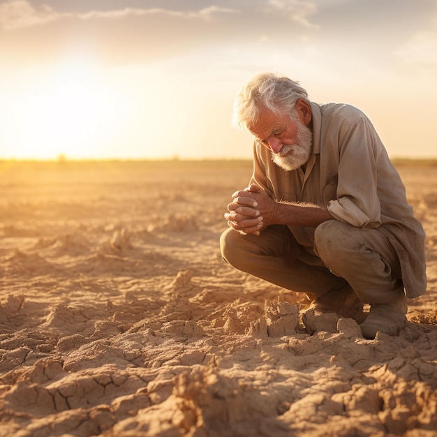 un anziano africano seduto inginocchiato sul terreno asciutto e le mani chiuse sul viso riscaldamento globale