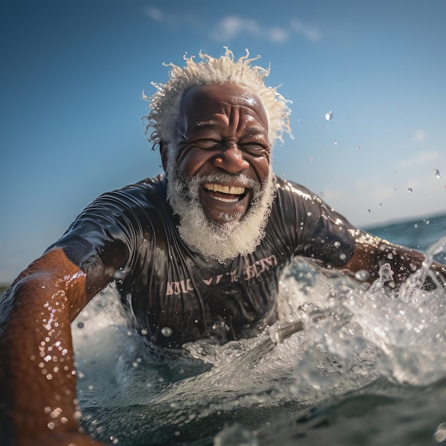 Un anziano afroamericano fa surf Vacanze attive al mare IA generativa