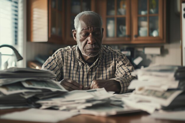 Un anziano afroamericano si siede al tavolo della cucina circondato da pile di bollette in ritardo