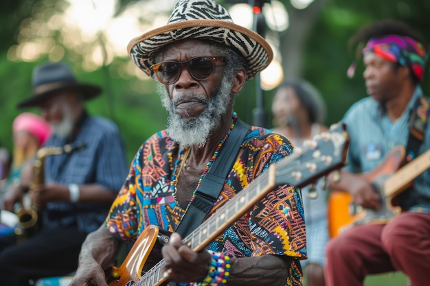 Un anziano afroamericano suona la chitarra in un parco con i membri della band sullo sfondo