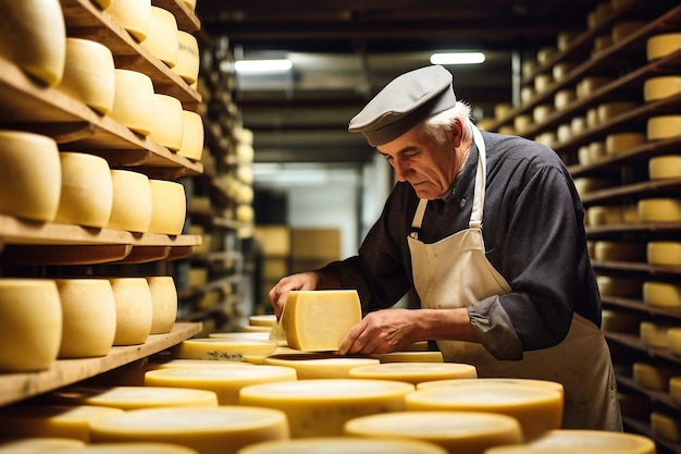 Un anziano casaro controlla la qualità del formaggio Produzione casearia di formaggio