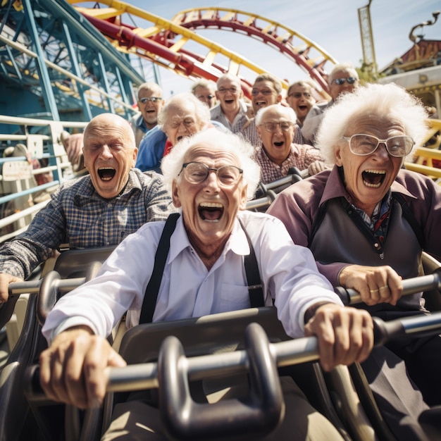 un anziano che si diverte al parco divertimenti