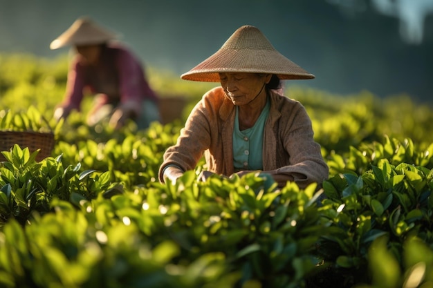 Un anziano contadino che raccoglie foglie di tè