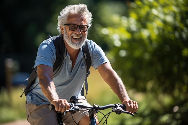 Un anziano contento che va in bicicletta attraverso un parco soleggiato durante il suo tempo libero AI generativa