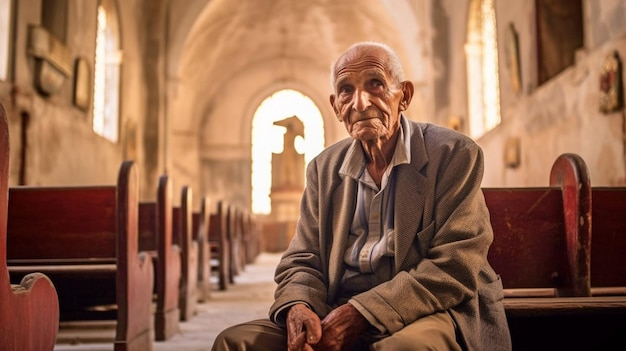 Un anziano è seduto in una chiesa Generative AI