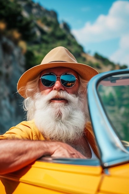 Un anziano felice che si gode di un'avventura in cabrio di lusso in estate in Italia.