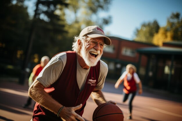 Un anziano felice e attivo che gioca a basket con gli amici sul campo all'aperto