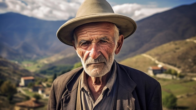 Un anziano gentiluomo albanese adornato con abiti tradizionali che riflettono l'eredità culturale e le tradizioni dell'Albania generato dall'IA