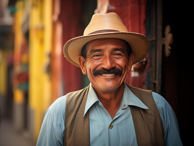 Un anziano messicano latinoamericano con il cappello per la strada di una città un felice non ricco